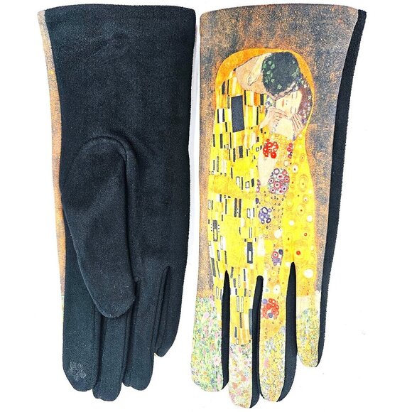 Women's Fleece Gloves, Gustav Klimt's "The Kiss" Print, 9" Long - Picture 1 of 5
